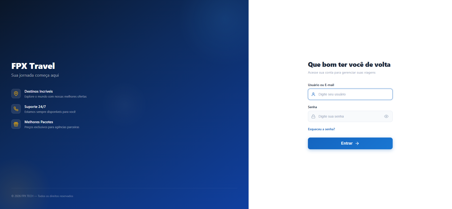 Tela de login do FPX Travel, com os campos Usuário ou E-mail e Senha, o link Esqueceu a senha? e o botão Entrar