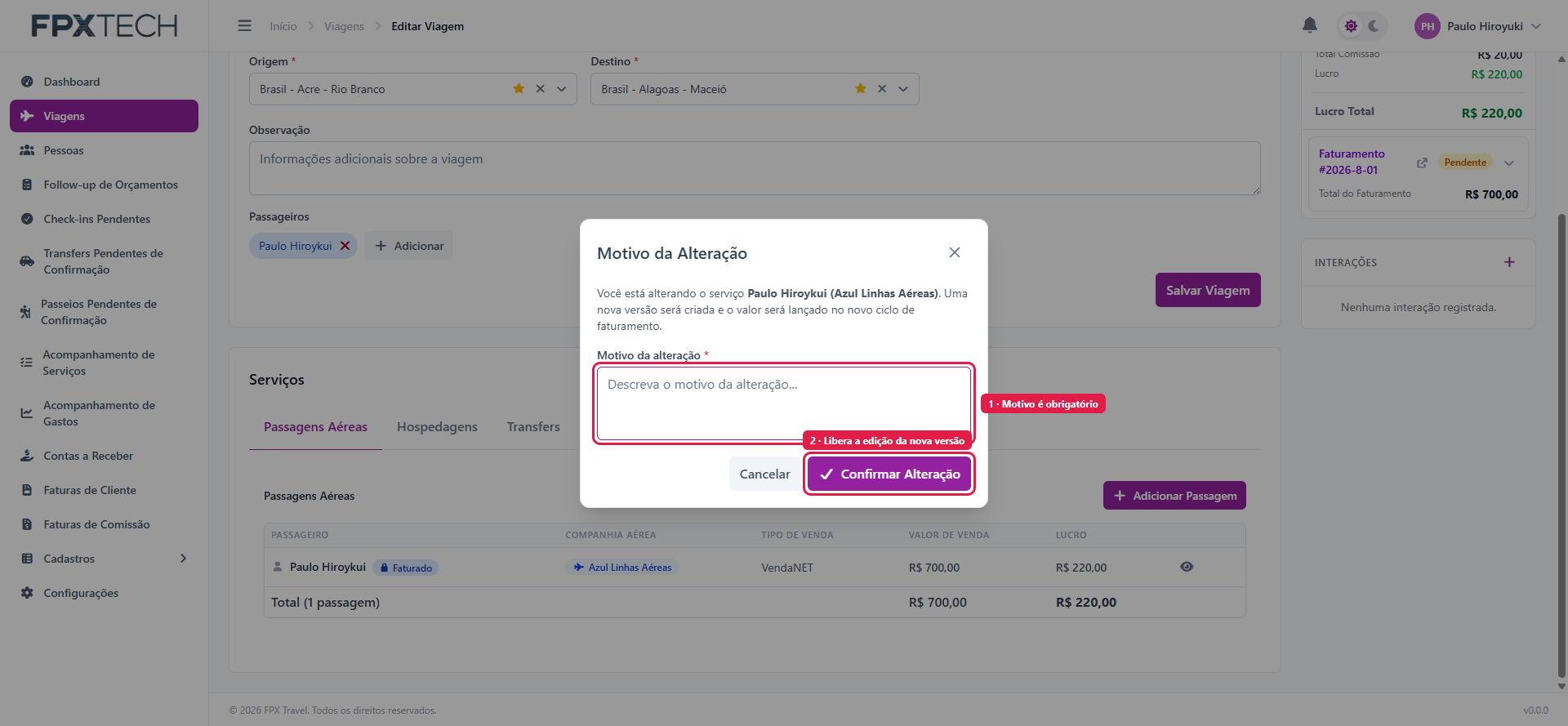 Modal Motivo da Alteração