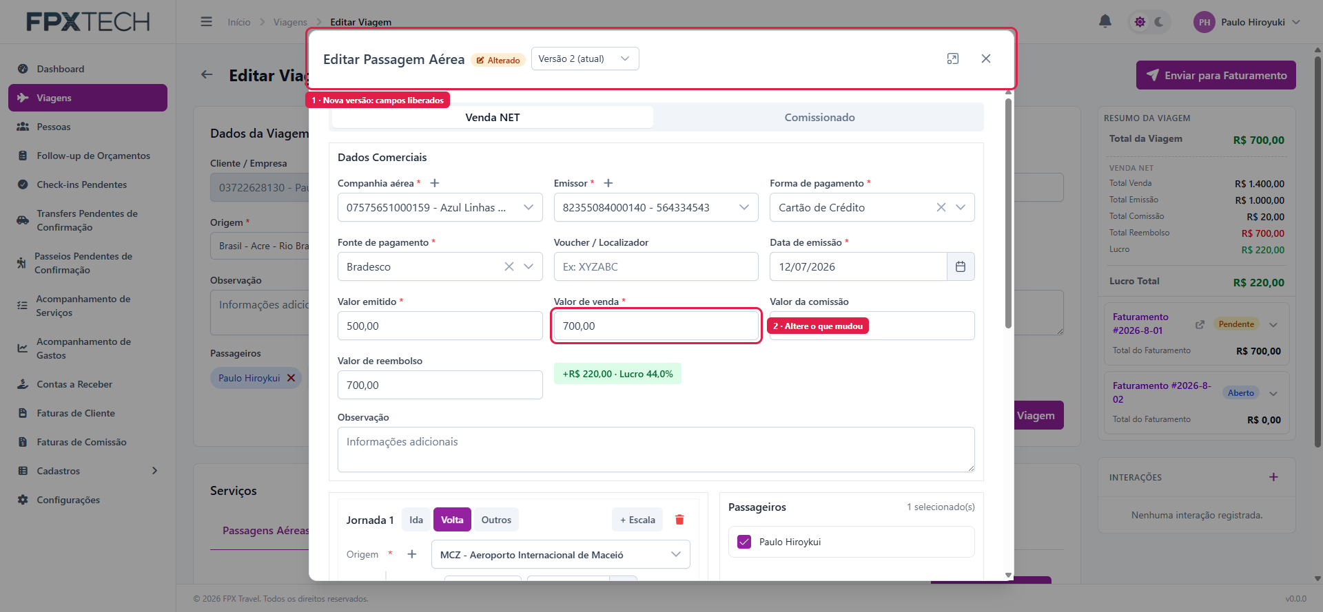 Modal em modo de edição, versão 2