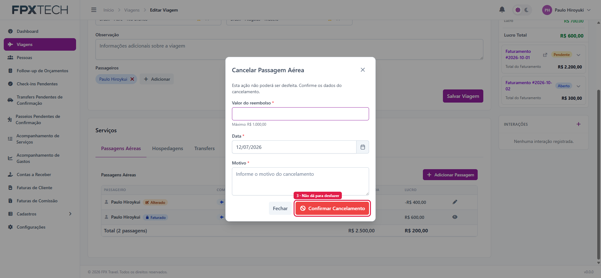 Modal de cancelamento, com valor do reembolso, data e motivo