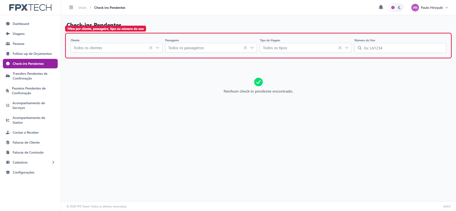 Painel de check-ins pendentes com os filtros destacados