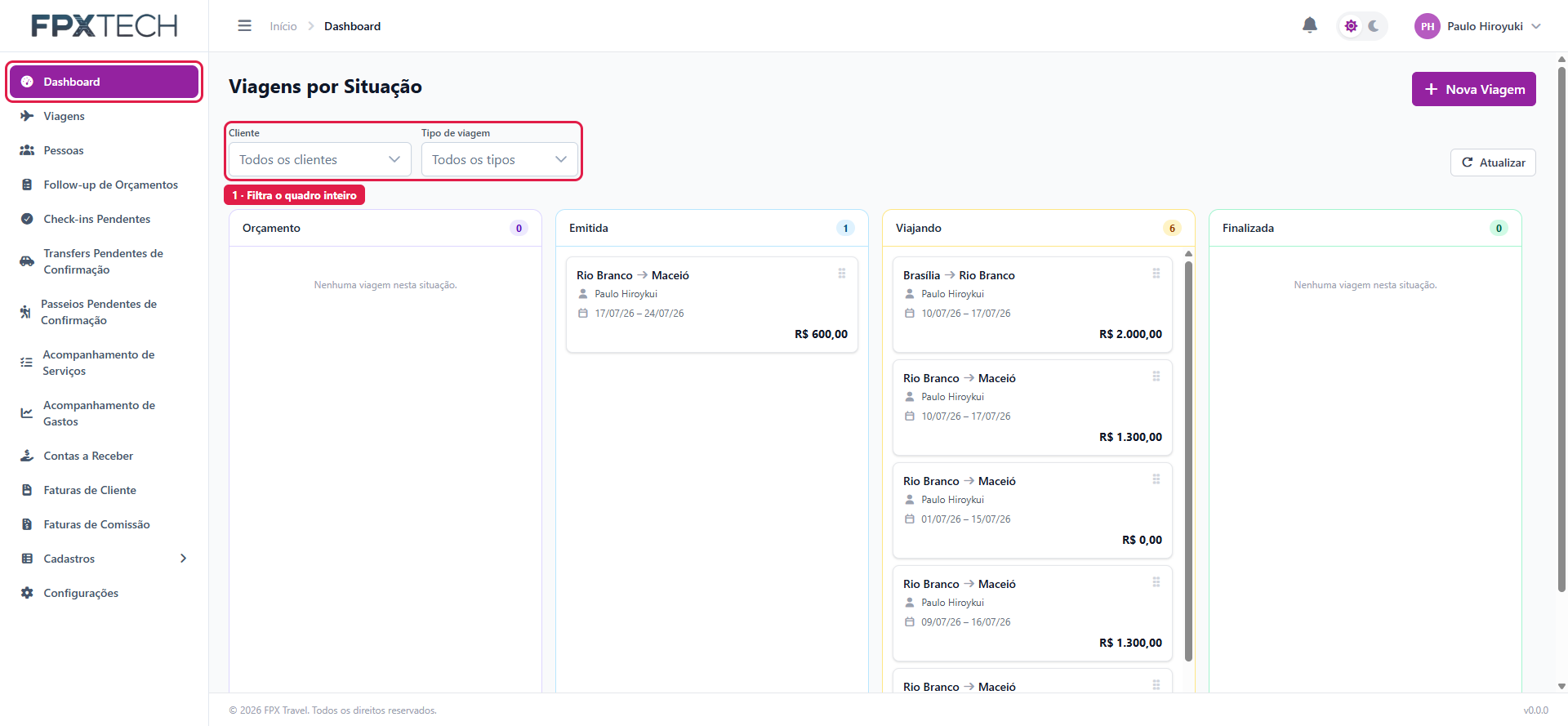Dashboard com os filtros e os cartões de viagem destacados