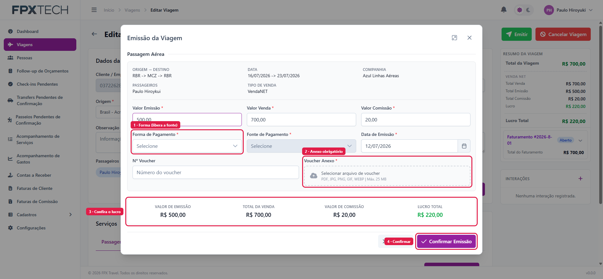 Modal de emissão, com os campos a preencher e o resumo financeiro