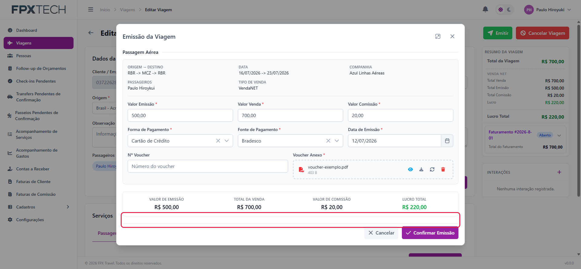 Modal preenchido, com forma, fonte e voucher anexado