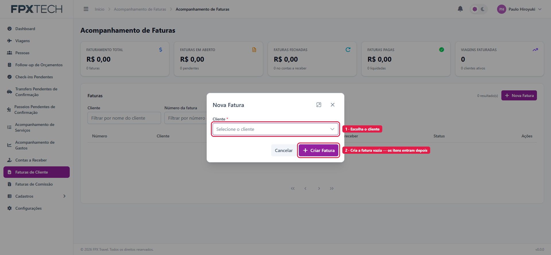 Modal de nova fatura: só o cliente