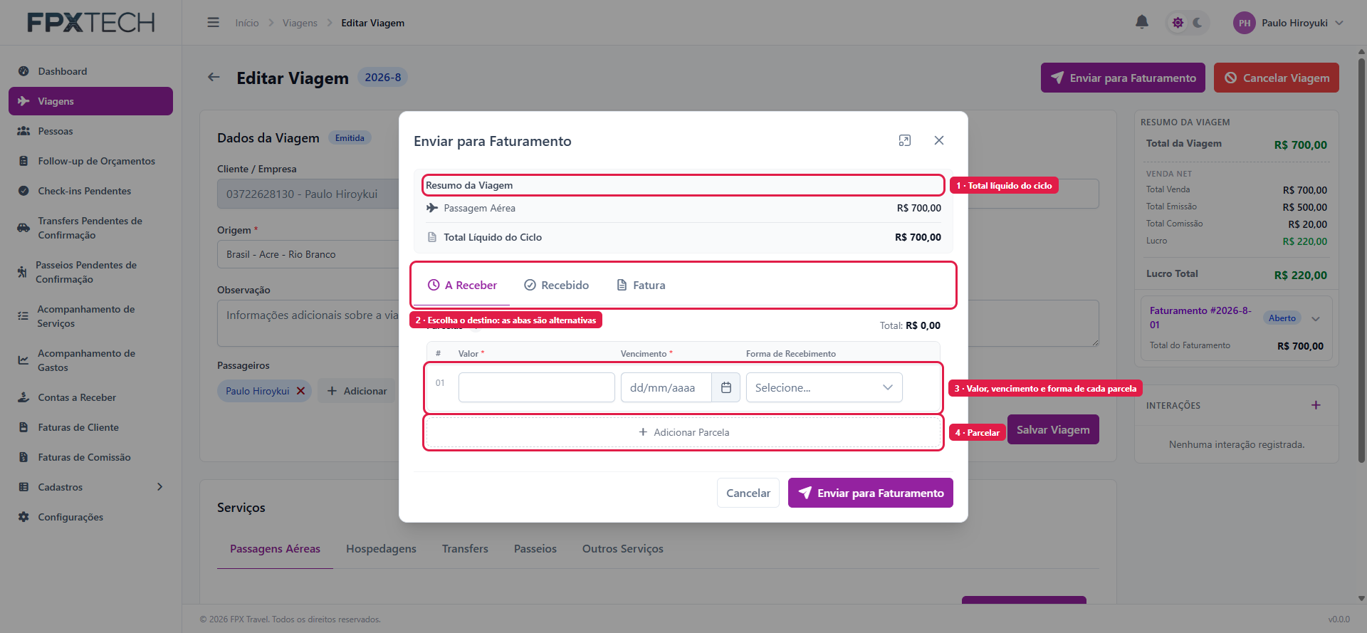 Modal de envio para faturamento, com o resumo e as abas de destino