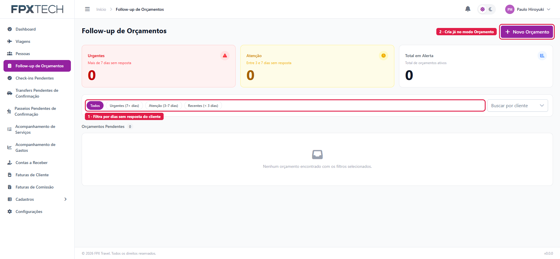 Painel de follow-up com os filtros por urgência destacados