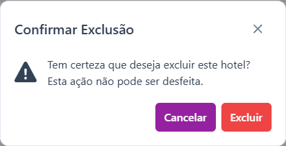 Diálogo Confirmar Exclusão do hotel