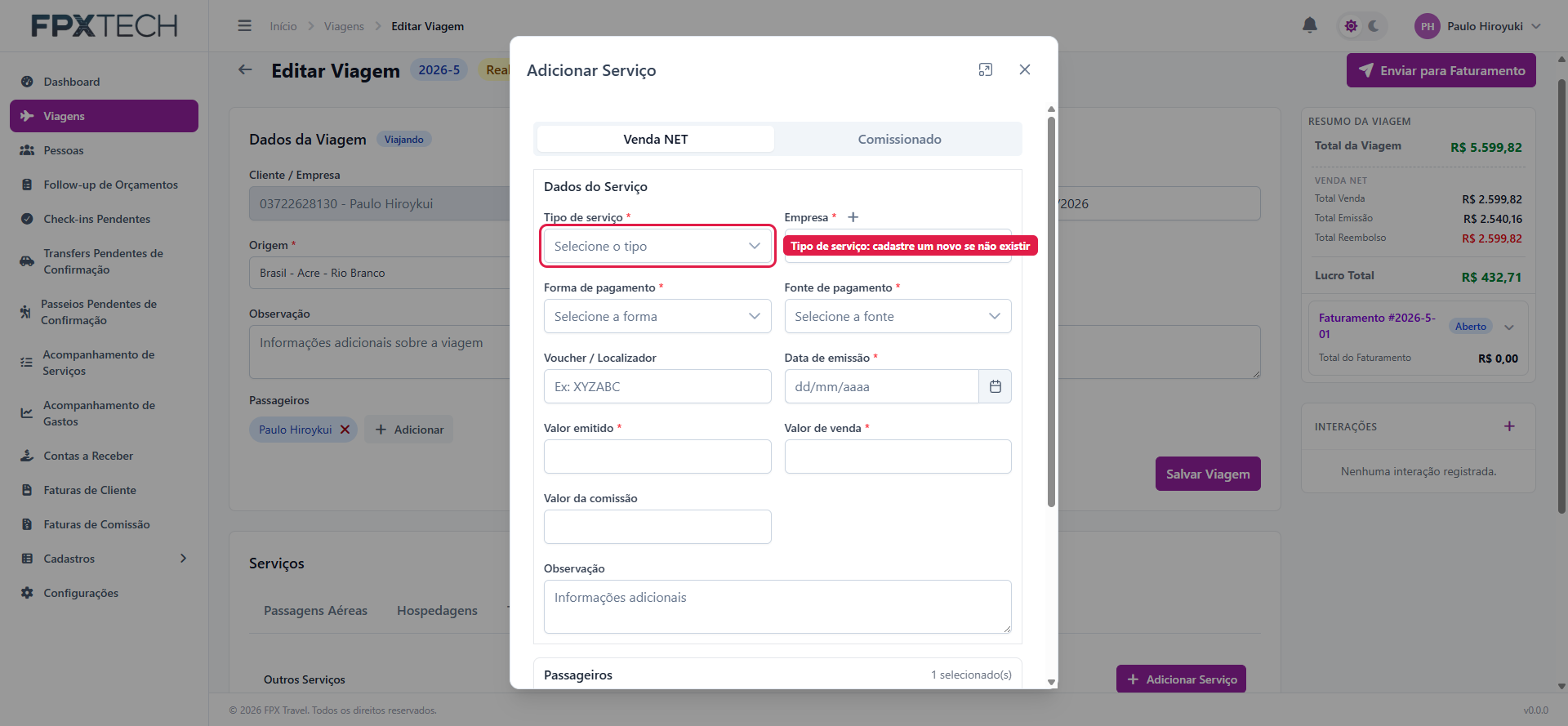 Modal de outros serviços com o tipo de serviço destacado
