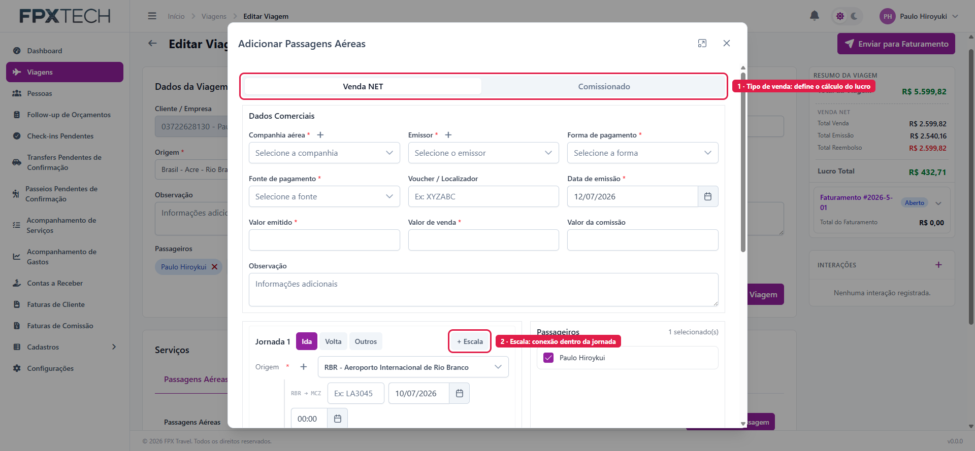 Modal de passagem: tipo de venda e dados comerciais