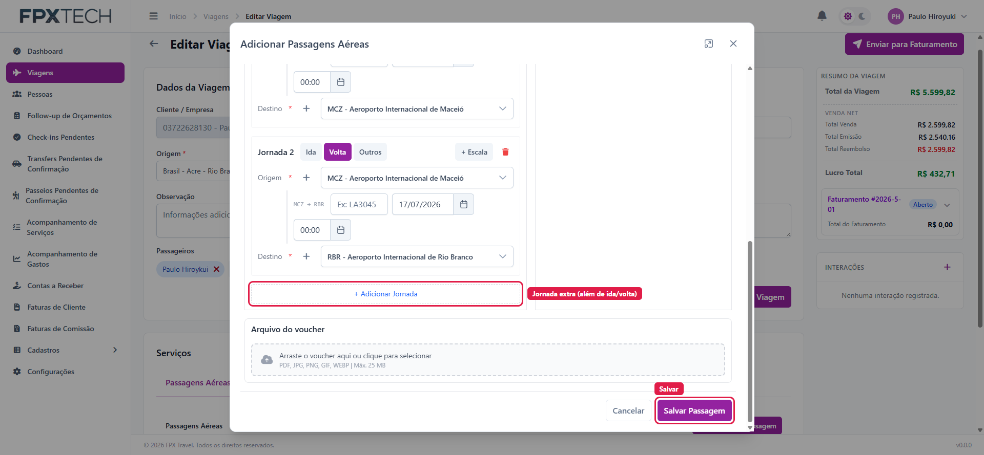 Modal de passagem: jornadas, passageiros e voucher
