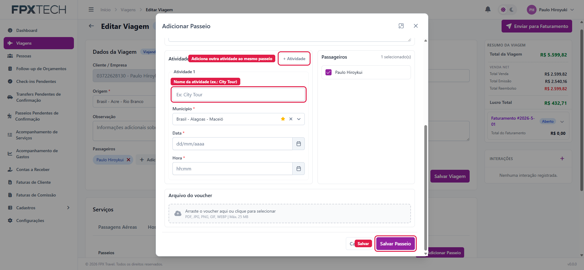Modal de passeio com o bloco de atividades destacado