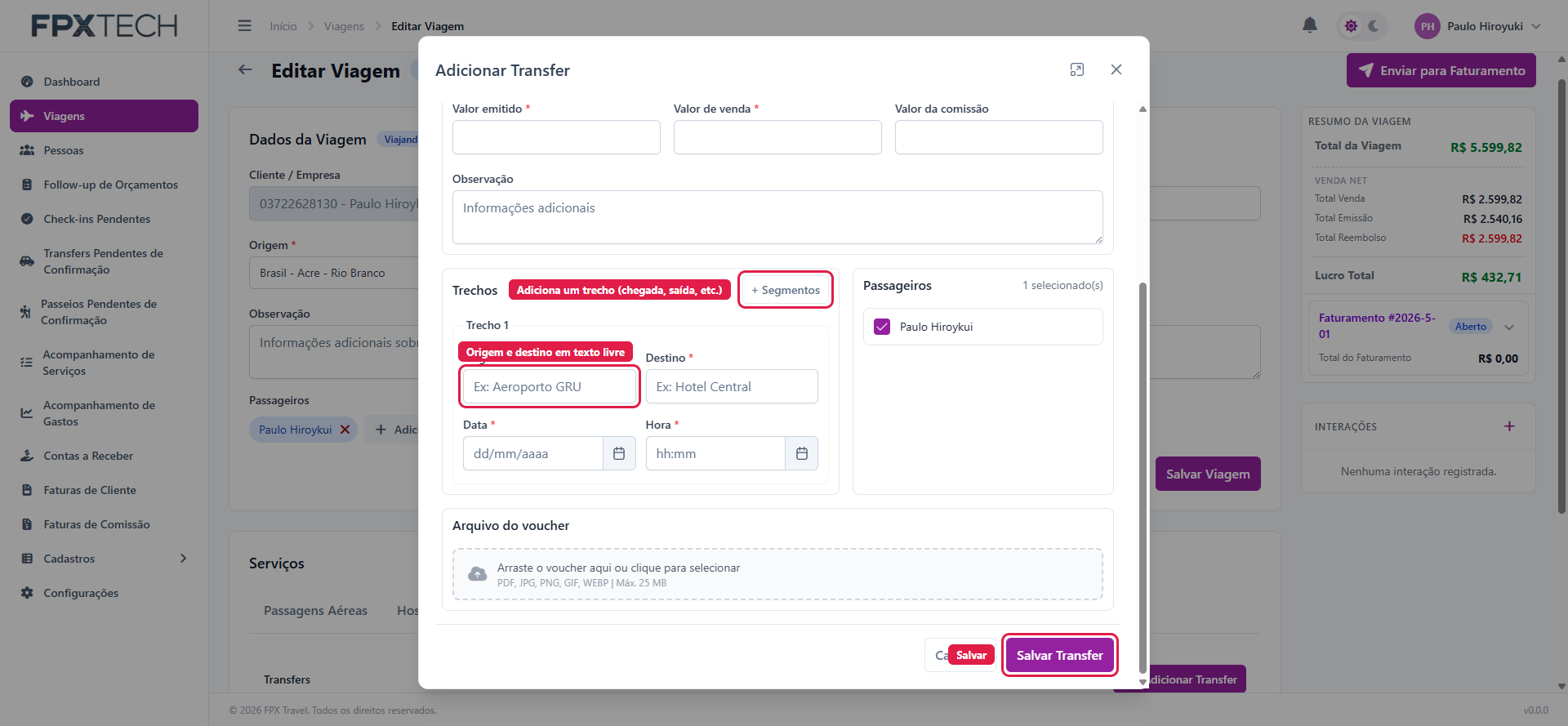Modal de transfer com o bloco de trechos destacado