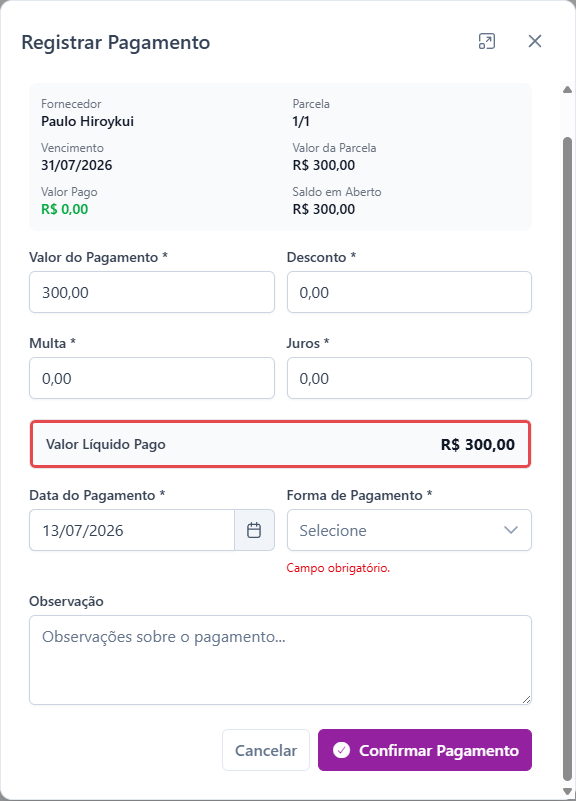 Modal Registrar Pagamento, com a linha Valor Líquido Pago destacada