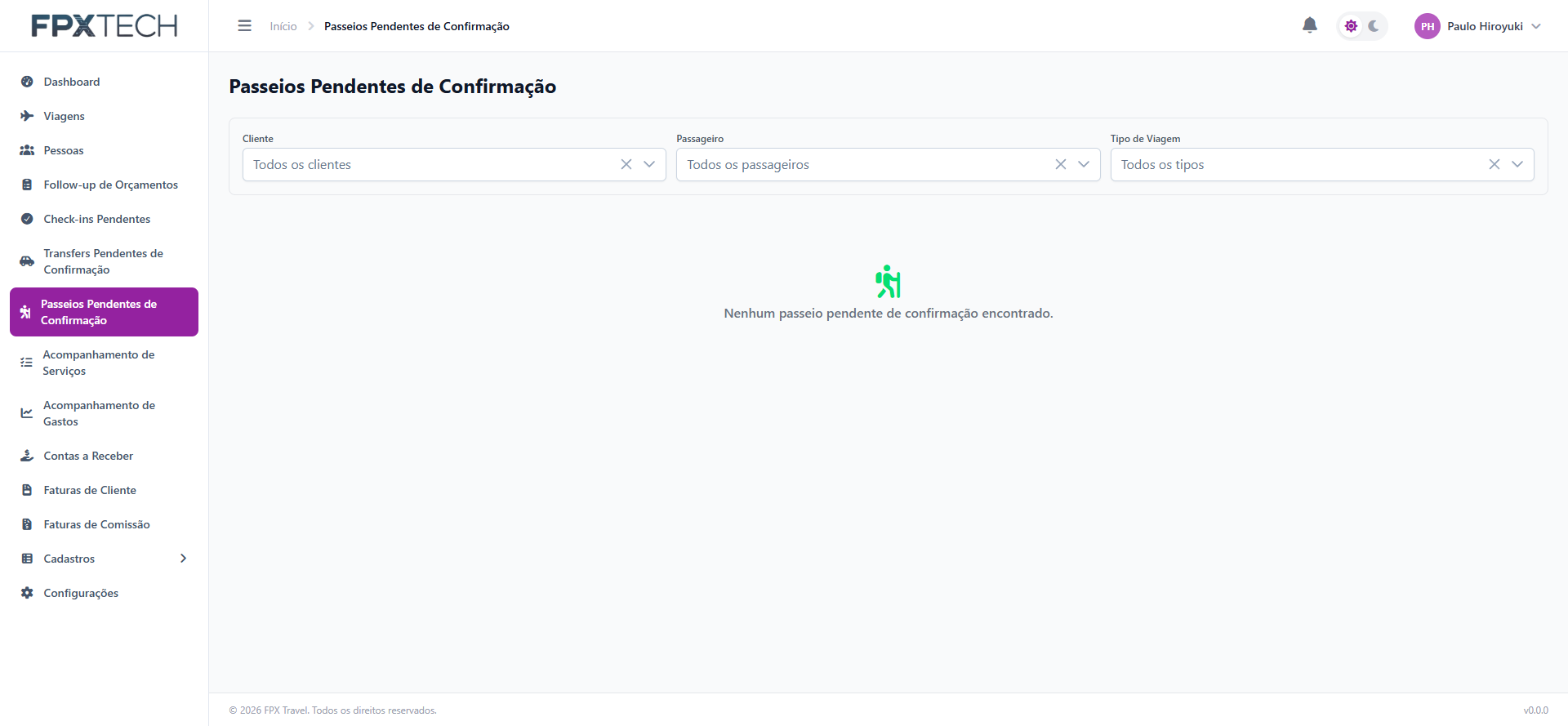 Painel de passeios pendentes de confirmação