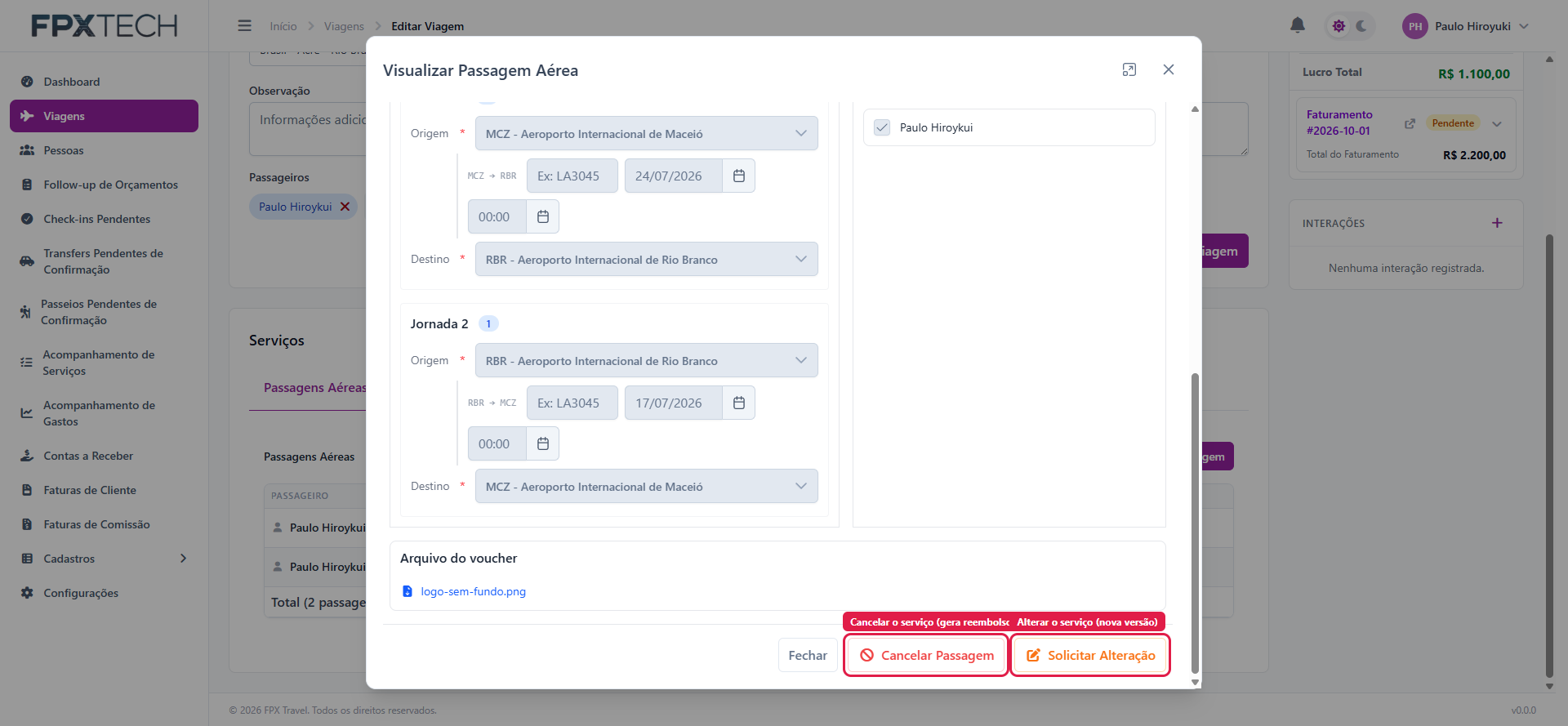 Modal do serviço faturado, com os botões Cancelar Passagem e Solicitar Alteração
