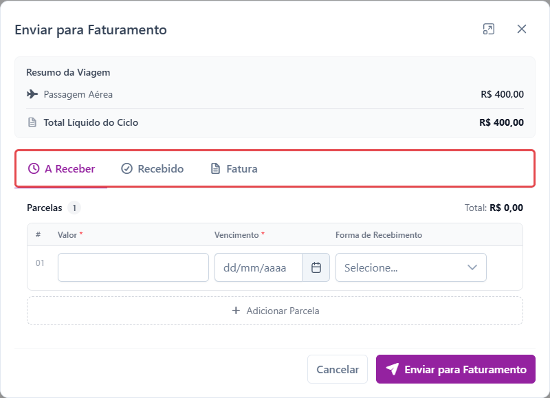 Modal de faturamento com as abas A Receber, Recebido e Fatura destacadas, e o ciclo positivo de R$ 400,00