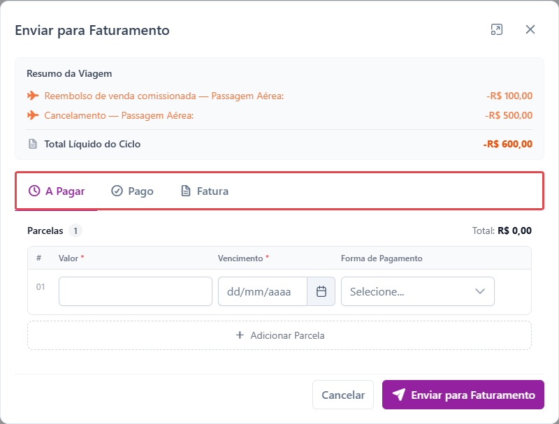 Modal de faturamento com as abas A Pagar, Pago e Fatura destacadas, e o ciclo negativo de -R$ 600,00