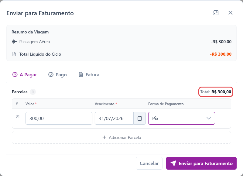 Aba A Pagar preenchida, com o contador Total em R$ 300,00 destacado