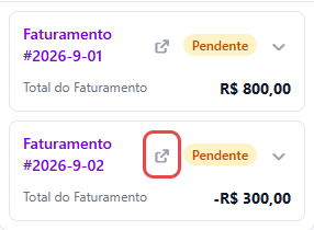 Card de Faturamentos da viagem, com o link da conta a pagar do ciclo negativo destacado
