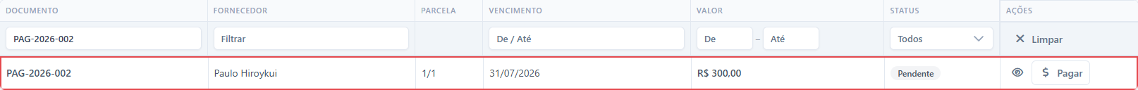Conta a pagar PAG-2026-002 destacada na lista do Contas a Pagar