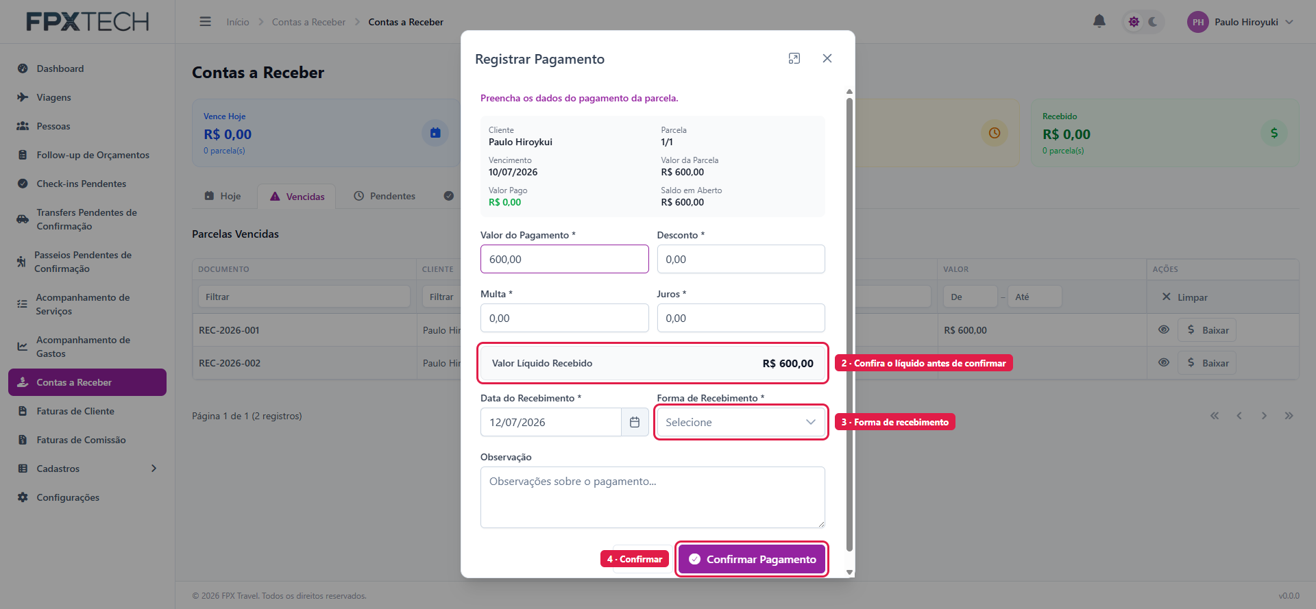 Modal de registro de pagamento com os campos destacados