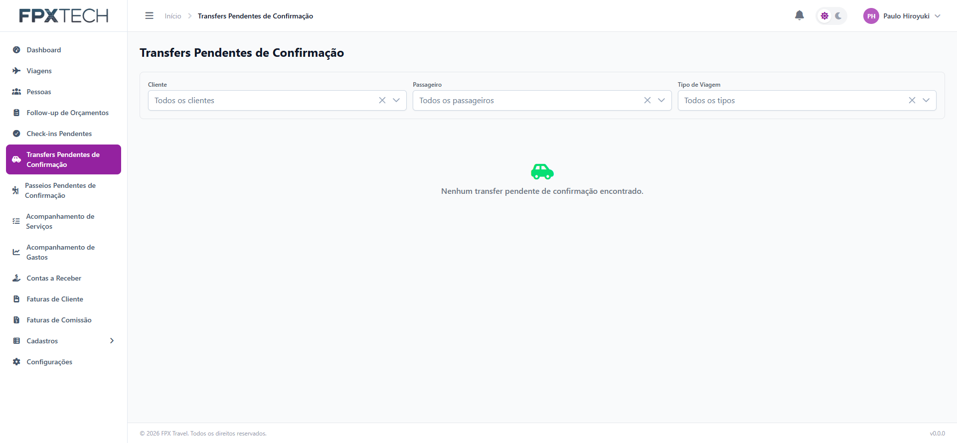 Painel de transfers pendentes de confirmação
