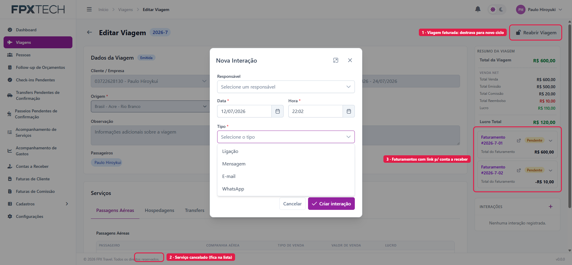 Modal de nova interação, com os tipos disponíveis